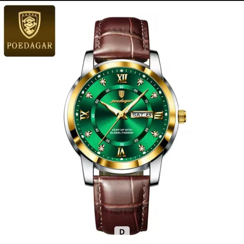 Brown Strap Green Dial Gold Ring