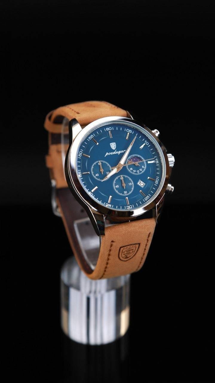 Brown strap silver ring with blue dial