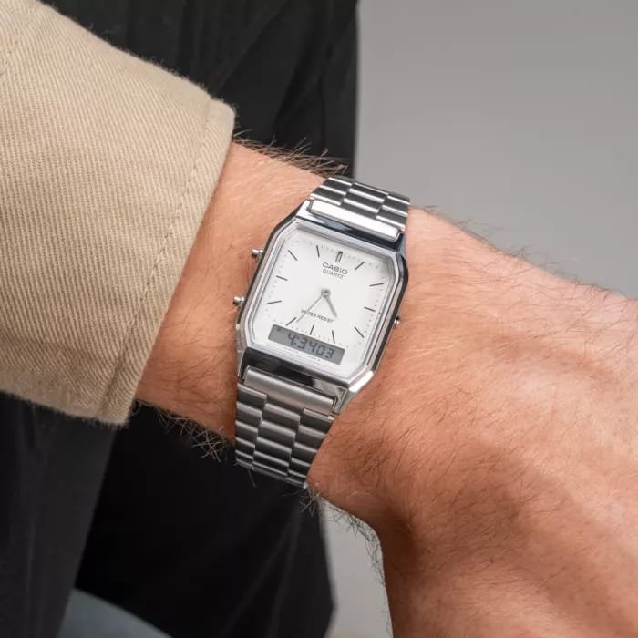 silver strap with white dial